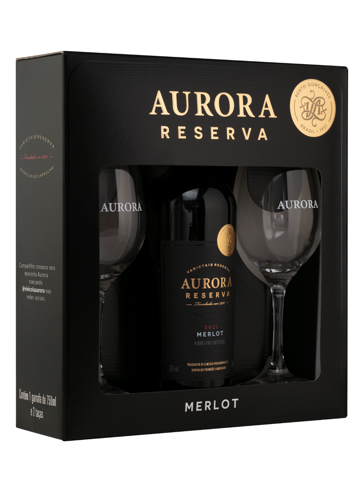 Maleta Aurora Vinho Reserva Merlot com duas taças